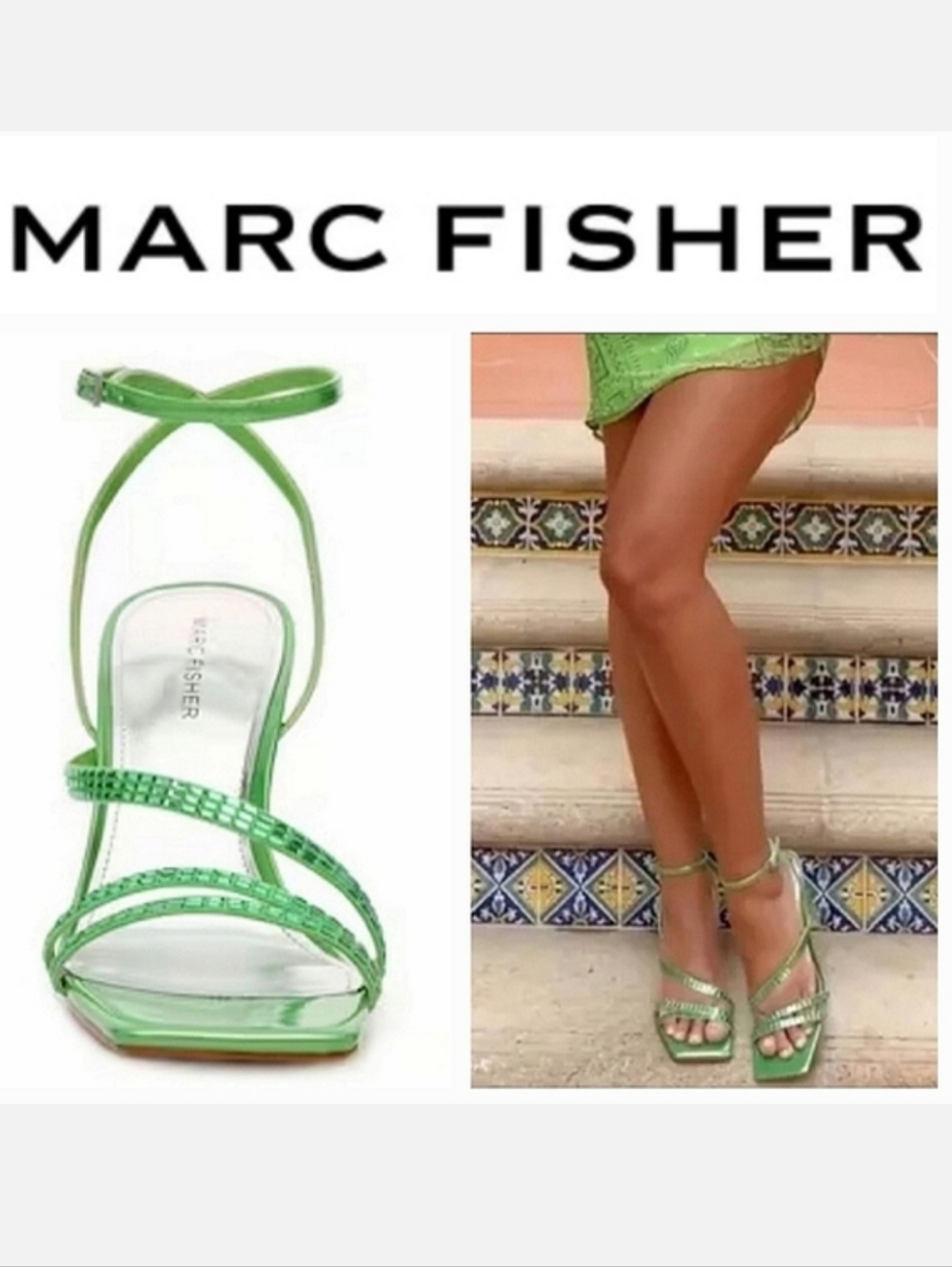Marc Fisher ZAYLAY Green Crystal Embellished Heeled Sandal Sz 6.5